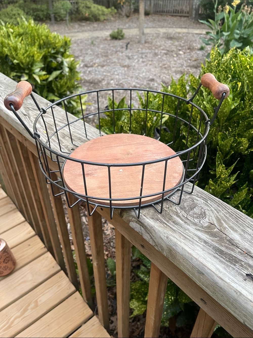 Wire Metal Storage Basket with Wood Bottom and Handles